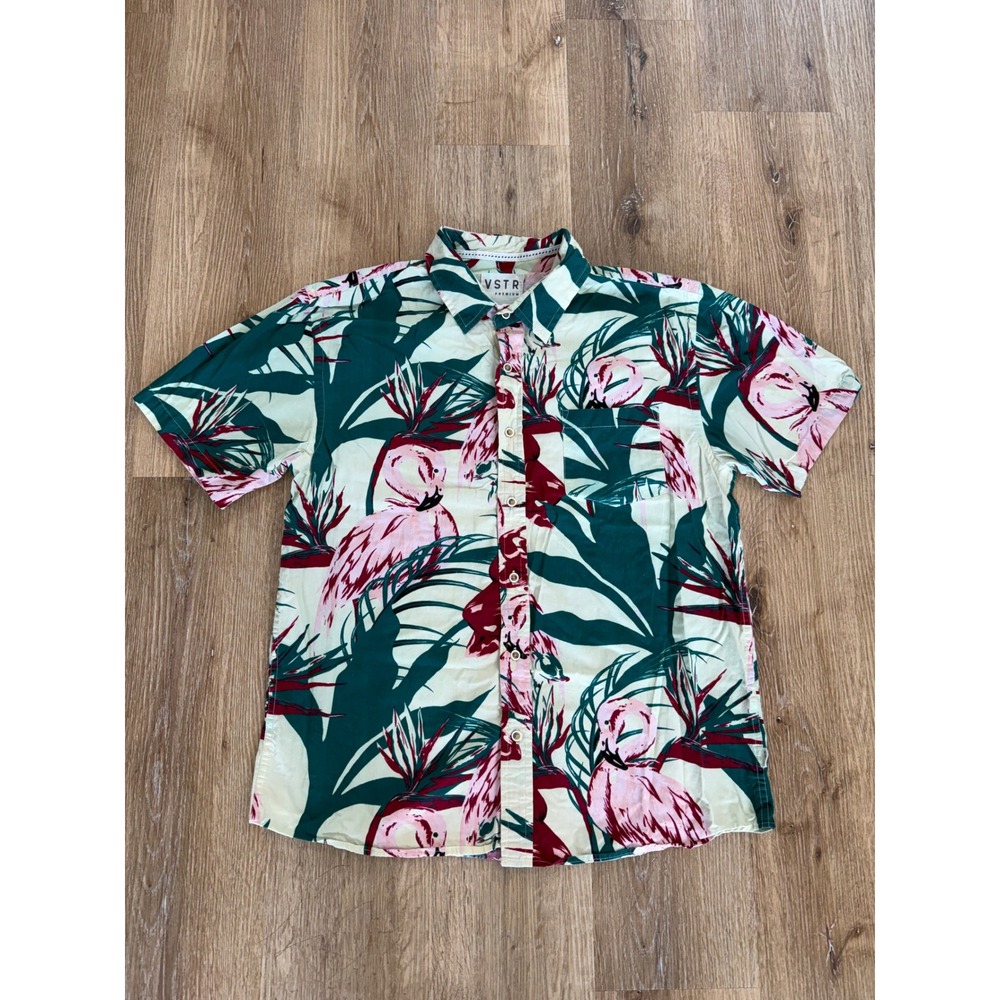 VSTR Premium Button‎ Down Shirt Mens XL Green Pink Flamingo Tropical Cotton SS